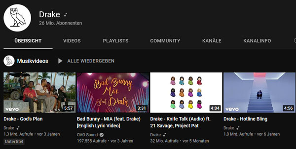 Drake auf Youtube