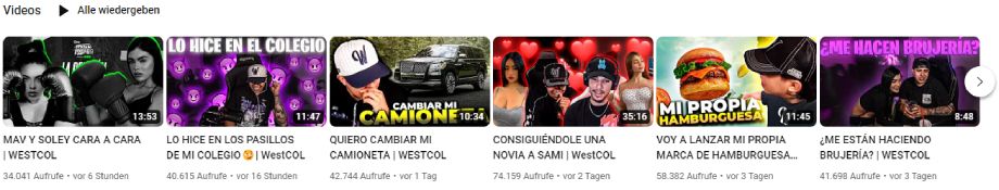 Westcol Vorschaubilder der Videos auf Youtube